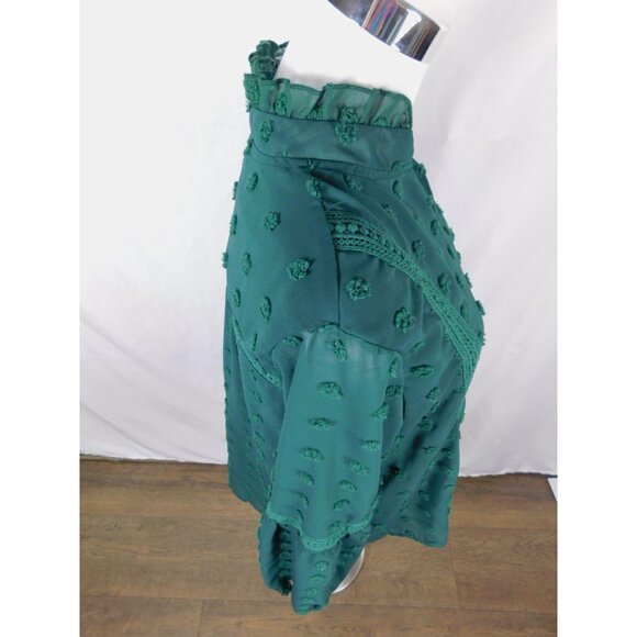 Swiss Dot Blouse Womens Medium Green Sheer Chiffon Ruffle Neck Boho Lace Trim - Picture 8 of 10